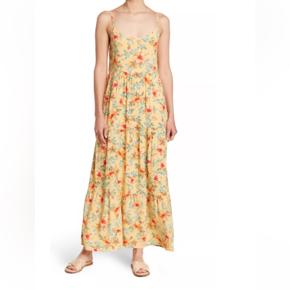Socialite Yellow Floral Print Tiered Maxi Dress With Pockets